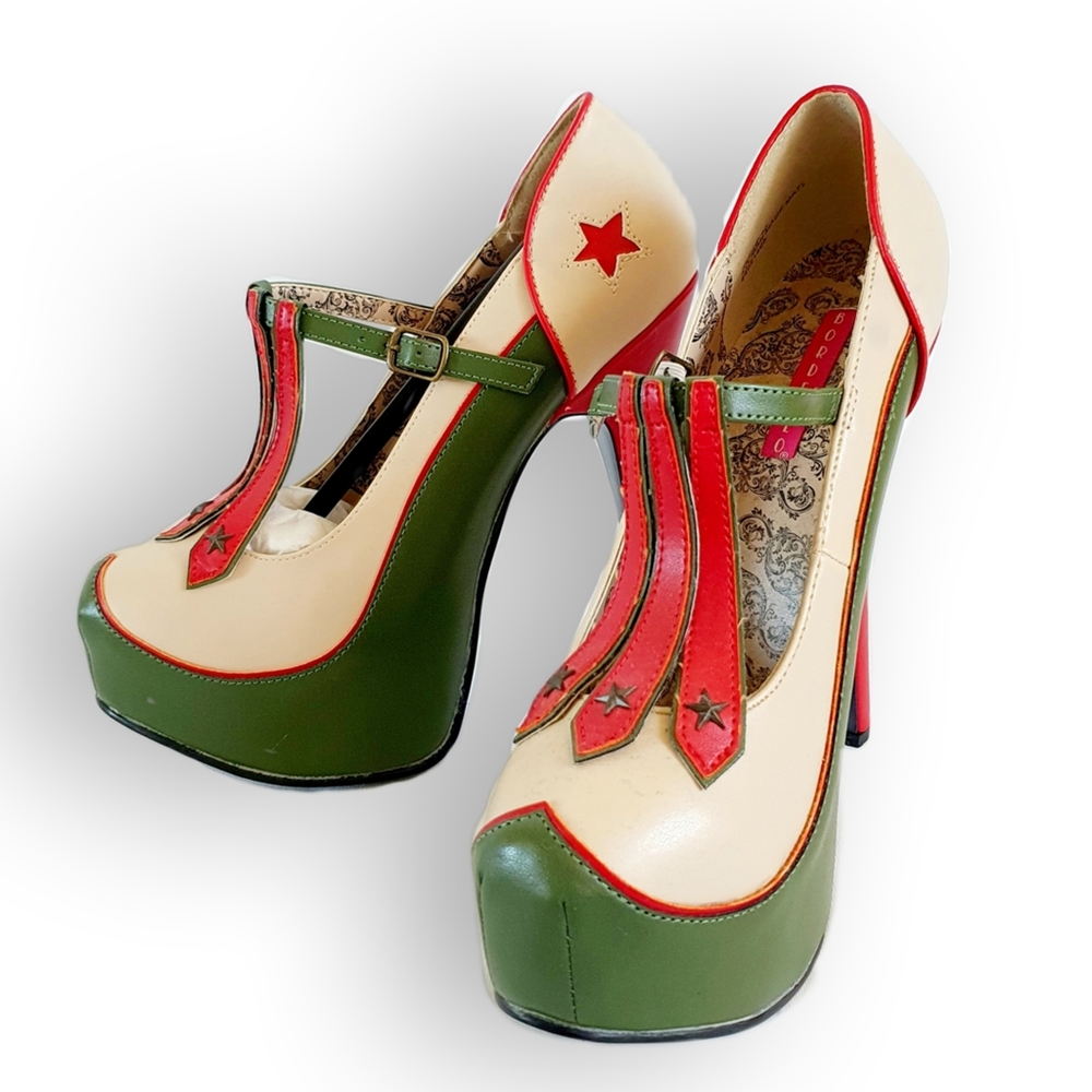 Pleaser Bordello TEEZE-43, cream, red, green, concealed platform, military theme - Picture 1 of 10